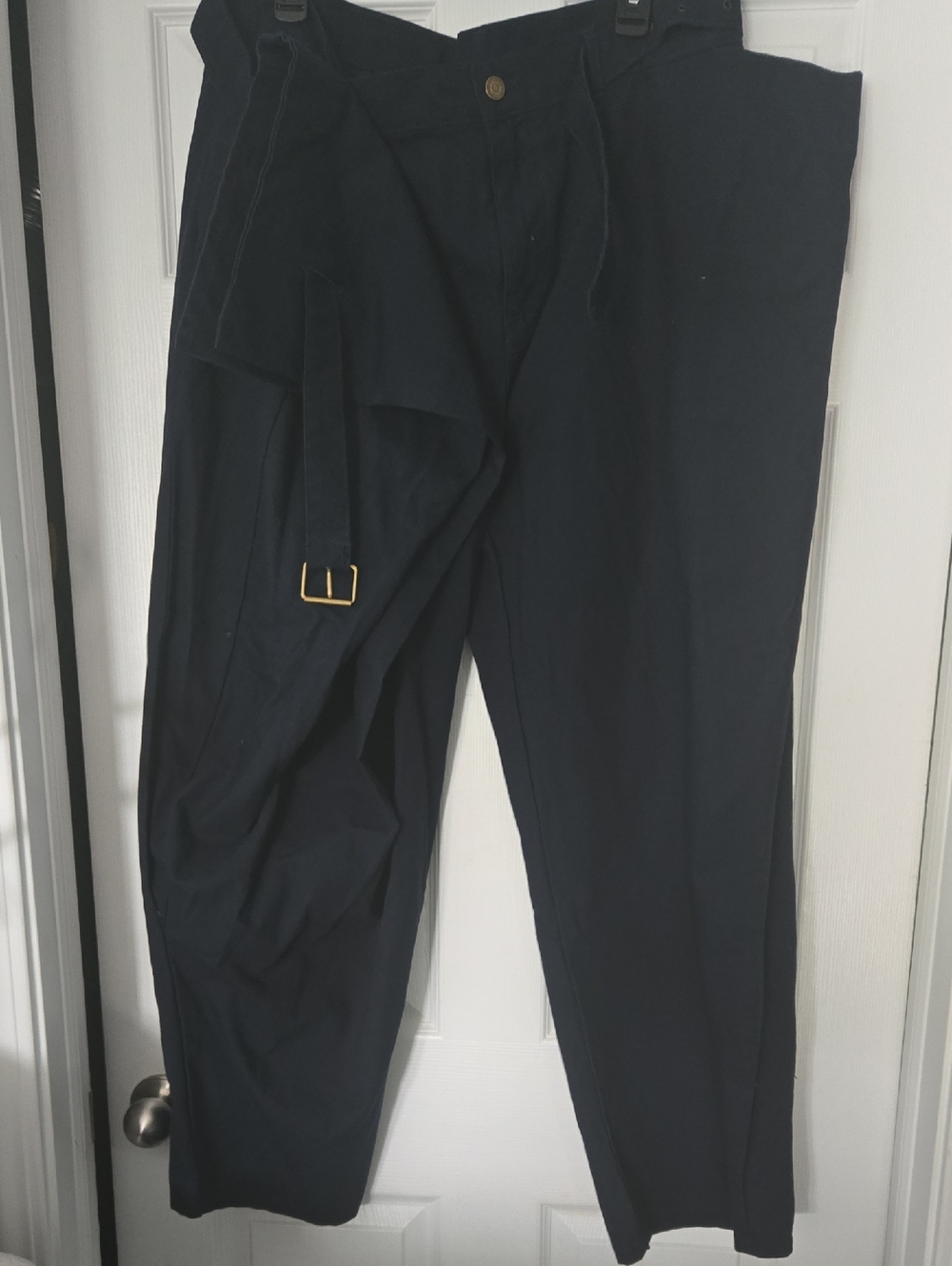 SHEIN Navy Straight-Leg Belted Pants with Gold Buckle